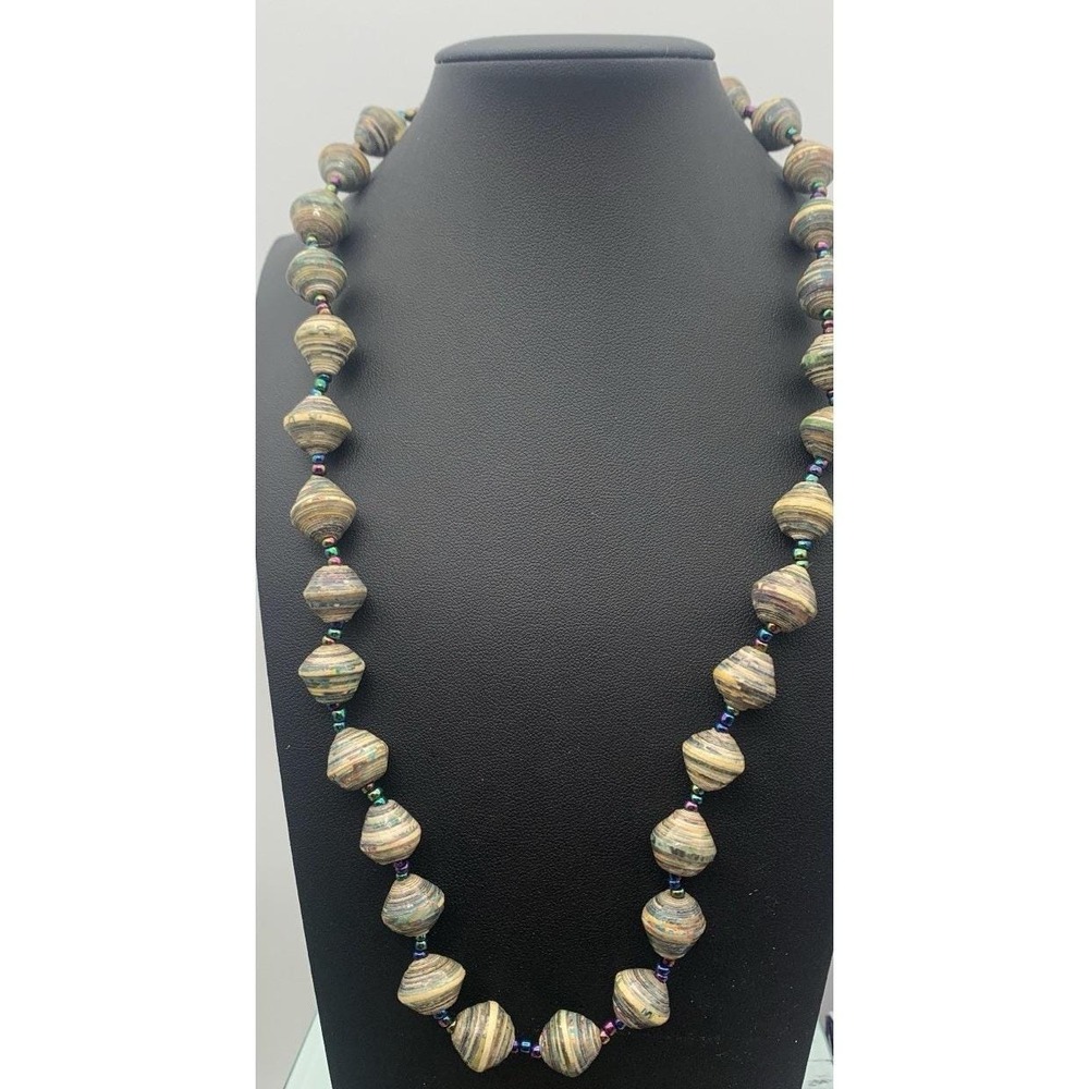 Vintage Handmade Paper Beaded Necklace With Oil Slick Seed Bead‎ Spacers 22"